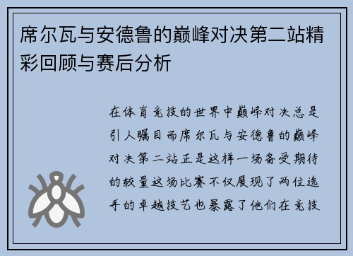 席尔瓦与安德鲁的巅峰对决第二站精彩回顾与赛后分析