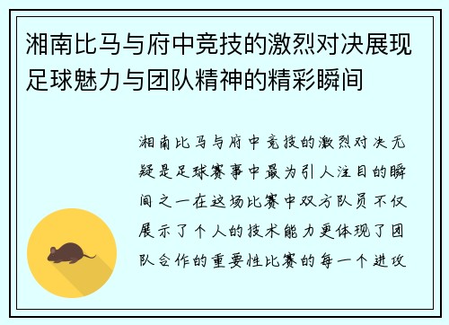 湘南比马与府中竞技的激烈对决展现足球魅力与团队精神的精彩瞬间
