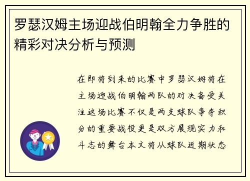 罗瑟汉姆主场迎战伯明翰全力争胜的精彩对决分析与预测