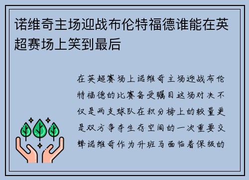 诺维奇主场迎战布伦特福德谁能在英超赛场上笑到最后